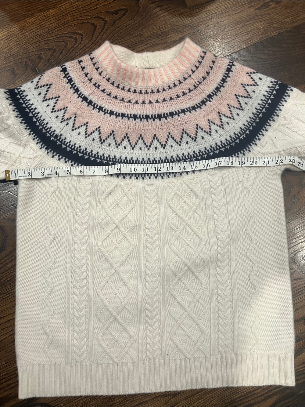 J. Crew Cream Cable-Knit Crewneck Sweater with Pink & Navy Fair Isle Yoke - Picture 4 of 5